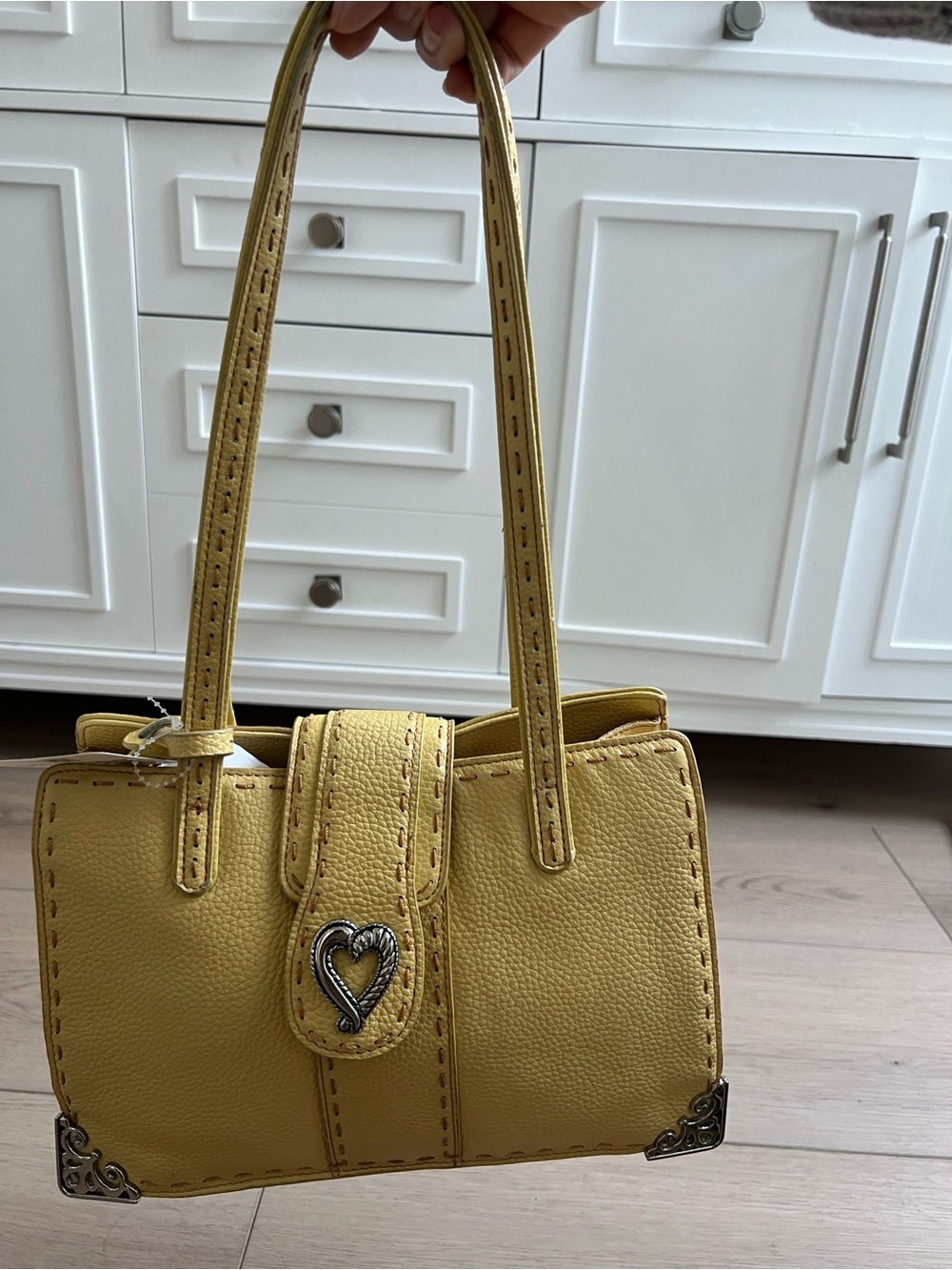 Yellow Heart-Accent Pebbled Shoulder Bag